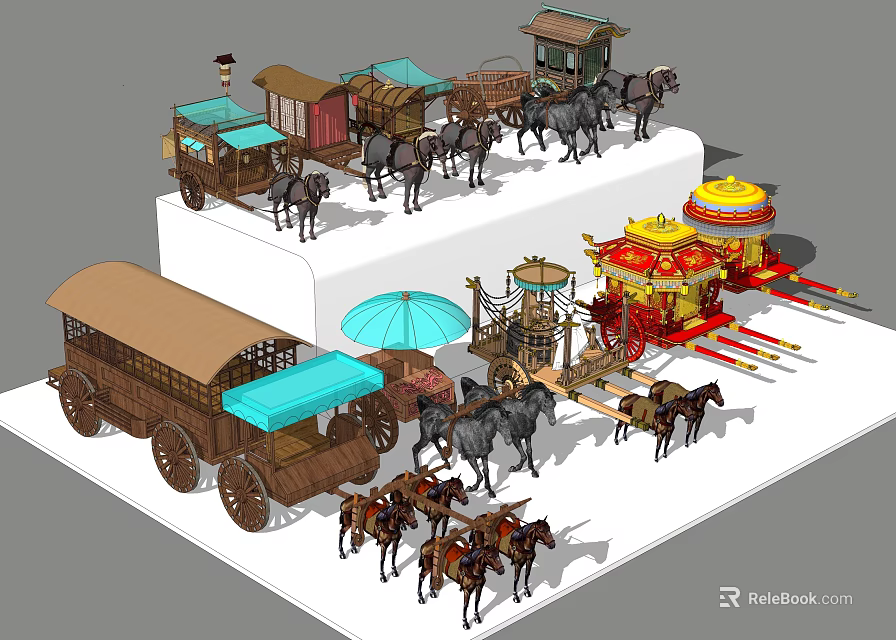 Traditional Horse Drawn Carriages With Various Designs And Decorative Elements And Horses 3d model 