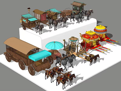 Traditional Horse Drawn Carriages With Various Designs And Decorative Elements And Horses 3d model