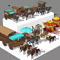 Traditional Horse Drawn Carriages With Various Designs And Decorative Elements And Horses