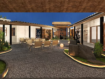 Traditional Chinese Courtyard Garden Landscape With Pebble Ground Wooden Tables Chairs Green Plants And Lighting 3d model