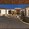Traditional Chinese Courtyard Garden Landscape With Pebble Ground Wooden Tables Chairs Green Plants And Lighting