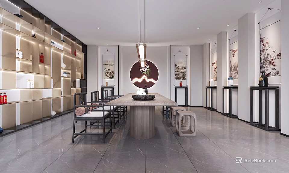 Modern Teahouse Interior With Long Wooden Table Decorative Paintings And Hanging Lamp 3d model 