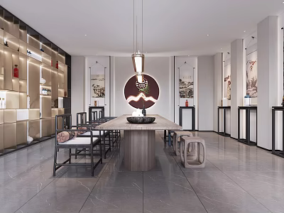 Modern Teahouse Interior With Long Wooden Table Decorative Paintings And Hanging Lamp 3d model
