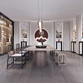 Modern Teahouse Interior With Long Wooden Table Decorative Paintings And Hanging Lamp