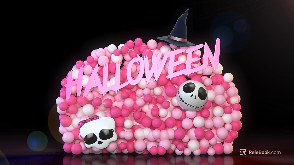 Halloween Themed Inflatable Decoration With Witch Hat Skull And Pink White Balloons 3d model 