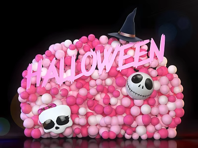 Halloween Themed Inflatable Decoration With Witch Hat Skull And Pink White Balloons 3d model