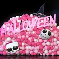 Halloween Themed Inflatable Decoration With Witch Hat Skull And Pink White Balloons
