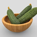 Three Fresh Green Cucumbers Placed in Wooden Bowl as Healthy Vegetables