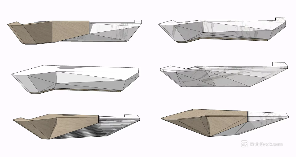 Modern Reception Desk Design With Geometric Shapes And Wooden Elements In Sketches 3d model 