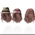 Woman Wearing Brown Curly Hair Wigs With Straw Hat And Flower Headband