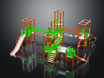 Multi Structure Outdoor Playground Equipment With Slides Stairs Climbing Frames Orange Frames And Green Panels 3d model
