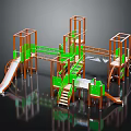 Multi Structure Outdoor Playground Equipment With Slides Stairs Climbing Frames Orange Frames And Green Panels