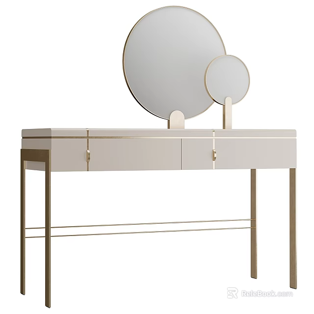 Elegant Modern Dressing Table With White Cabinet Gold Metal Frame And Round Mirrors 3d model 