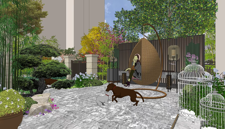 Serene Garden Landscape With Egg Shaped Swing Chair Dog Cat Stone Path And Green Plants 3d model 