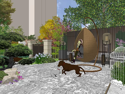 Serene Garden Landscape With Egg Shaped Swing Chair Dog Cat Stone Path And Green Plants 3d model