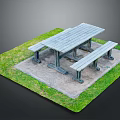Wooden Picnic Table With Benches On Concrete Base And Grass Area