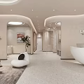 Modern Office Interior With Circular Ceiling Light Arched Shelf White Desk And Gray Stools 3d model