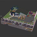 Block Style Multilayer Building Design With Colorful Sections Green Lawn And Garage