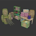 Vintage Rustic Daily Living Supplies Collection With Wooden Barrels Shelf Crates Books And Umbrellas