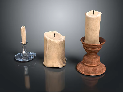 Various Styles Of Candles With Silver Metal Wooden Candlesticks And Thick Unmounted Candle 3d model