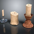 Various Styles Of Candles With Silver Metal Wooden Candlesticks And Thick Unmounted Candle