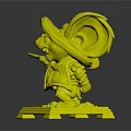 Cute Anthropomorphic Mouse Character Wearing Large Hat Holding Sword on Base with Yellow Shards