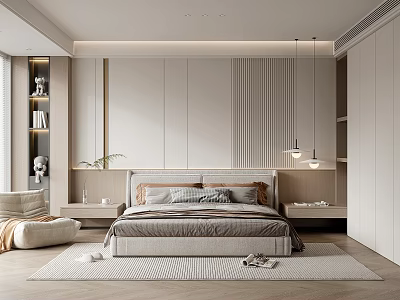 Modern Minimalist Bedroom Interior With Stylish Bed Headboard Pendant Lights Wardrobe And Soft Rug 3d model