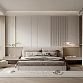 Modern Minimalist Bedroom Interior With Stylish Bed Headboard Pendant Lights Wardrobe And Soft Rug
