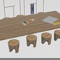 Wooden Long Table with Stump Stools and Simple Wall Decor Setup 3d model