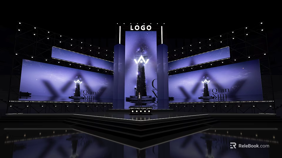 Elegant Stage Design With Purple Backdrop Large Screens And Illuminated Logo 3d model 