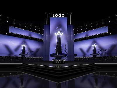 Elegant Stage Design With Purple Backdrop Large Screens And Illuminated Logo 3d model