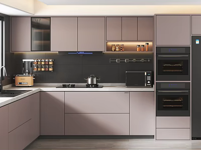 Modern Kitchen Interior Design With Gray Cabinets Black Countertop And Built in Appliances 3d model