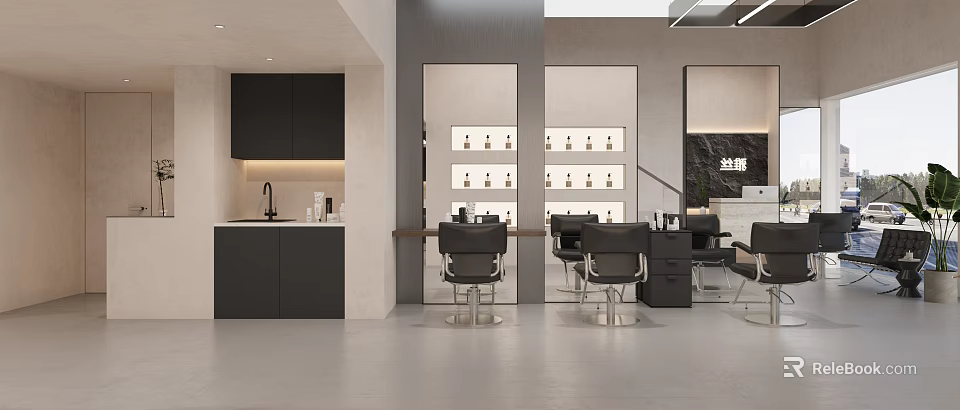 Modern Minimalist Beauty Hair Salon Interior Design With Professional Styling Chairs And Product Display Shelves 3d model 