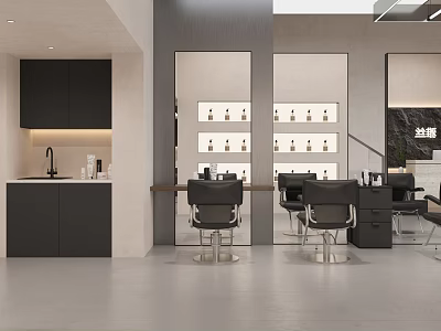 Modern Minimalist Beauty Hair Salon Interior Design With Professional Styling Chairs And Product Display Shelves 3d model