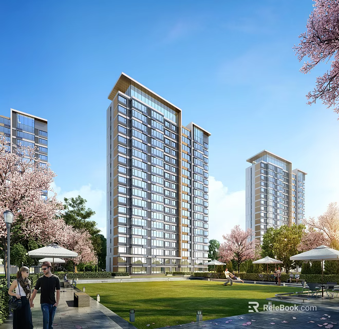 Modern Residential Buildings With Green Lawns Cherry Trees And Outdoor Seating 3d model 