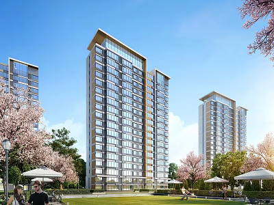 Modern Residential Buildings With Green Lawns Cherry Trees And Outdoor Seating 3d model