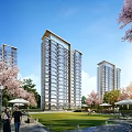 Modern Residential Buildings With Green Lawns Cherry Trees And Outdoor Seating