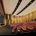 Modern Conference Room With Neatly Arranged Red Seats Wooden Walls And Ceiling Lights