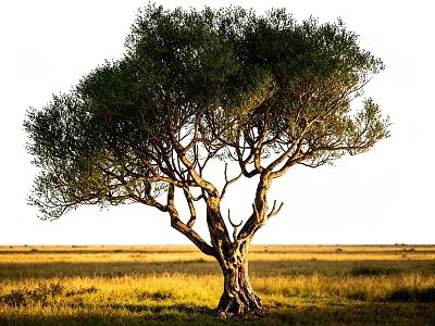 Tree With Thick Trunk And Lush Green Foliage Standing In Open Grassland Under Sunlight 3d model