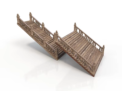 Wooden Staircase With Carved Railings And Foldable Design For Home Use 3d model