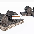 Group of Rustic Wooden Cabins with Stone Base and Elevated Platforms 3d model