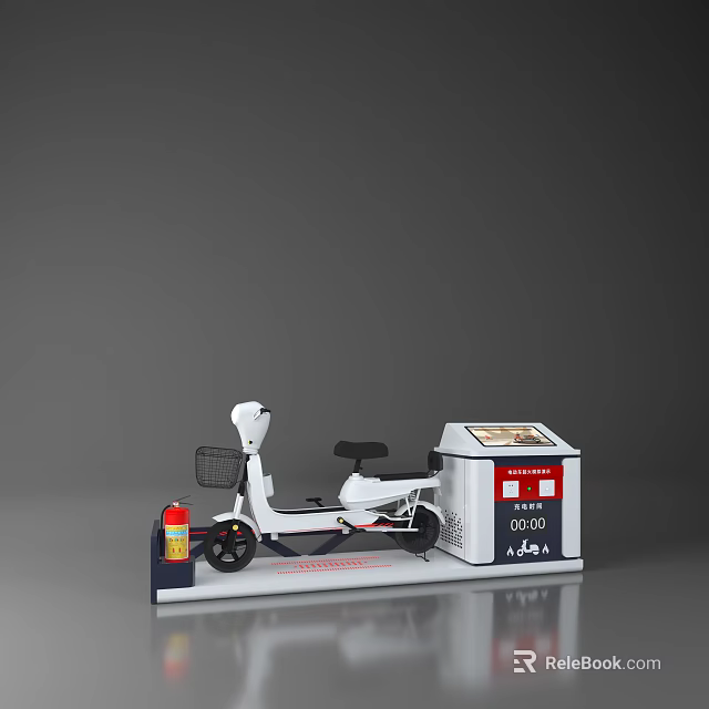 Technology Exhibition Hall Featuring Electric Scooter Display Screen And Fire Extinguisher Setup 3d model 