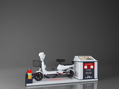 Technology Exhibition Hall Featuring Electric Scooter Display Screen And Fire Extinguisher Setup 3d model