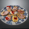 Delicious Appetizer Toast Topped With Ham Cheese Tomato And Olives On Blue White Plate