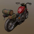 Red Motorcycle Featuring Black Seat Metal Frame Large Tires and Rear Luggage