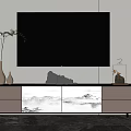 Contemporary TV Stand with Landscape Pattern and Decorative Items Below Mounted TV