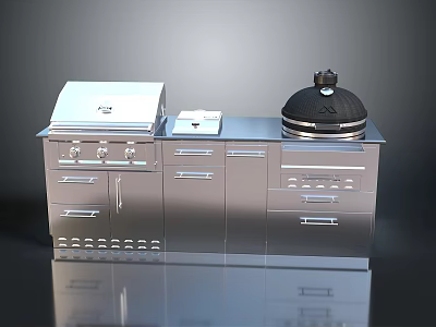 Modern Outdoor Kitchen With Stainless Steel Cabinets Grill Countertop And Round Bbq 3d model