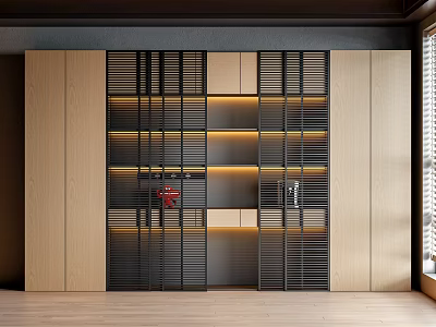 Modern Wooden Bookcase With Black Frame Built in Lighting and Layered Shelves 3d model