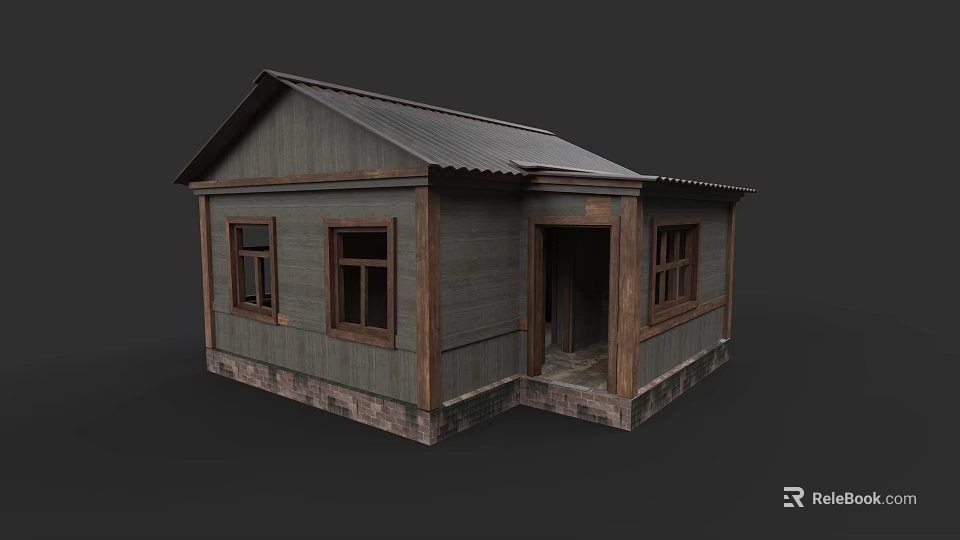 Detached House With Wooden Exterior Gray Roof Windows And Stone Base 3d model 