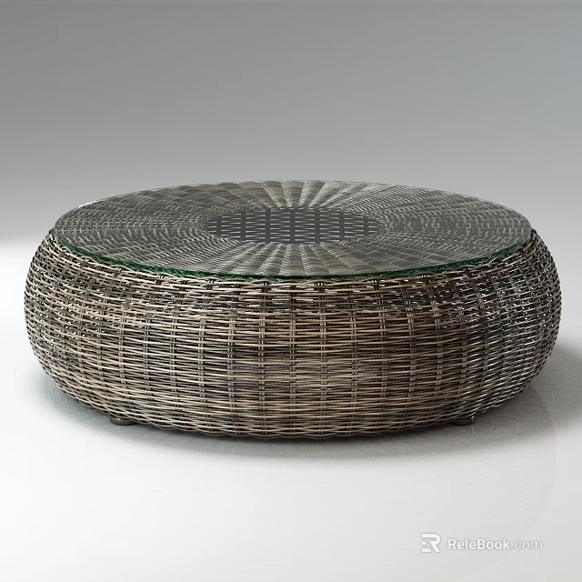 Round Rattan Coffee Table With Glass Top And Woven Natural Texture 3d model 